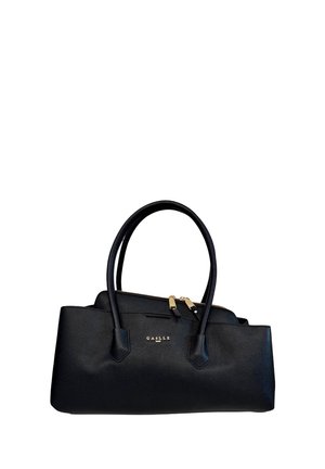 Borsa rettangolare in pelle nera con doppi manici e cerniera dorata, con marchio "GAELLE Paris" al centro frontale.
