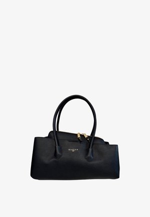 Borsa rettangolare in pelle nera con doppi manici e cerniera dorata, con marchio "GAELLE Paris" al centro frontale.
