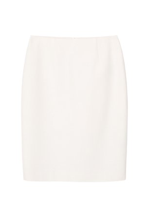 Enkel hvid knælængde blyantsnederdel med høj talje og skjult lynlås bagpå, vist på en hvid baggrund.