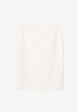 Enkel hvid knælængde blyantsnederdel med høj talje og skjult lynlås bagpå, vist på en hvid baggrund.