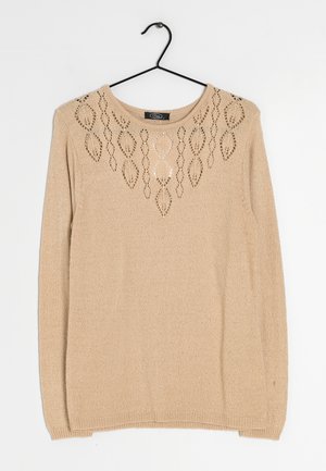 Maglione beige lavorato a maglia con scollo rotondo e un intricato motivo a traforo sulla parte superiore. Maniche lunghe e vestibilità comoda.