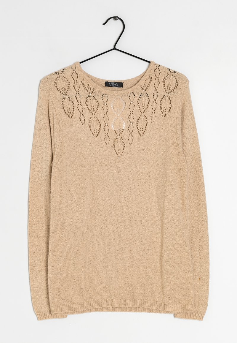 Maglione beige lavorato a maglia con scollo rotondo e un intricato motivo a traforo sulla parte superiore. Maniche lunghe e vestibilità comoda.