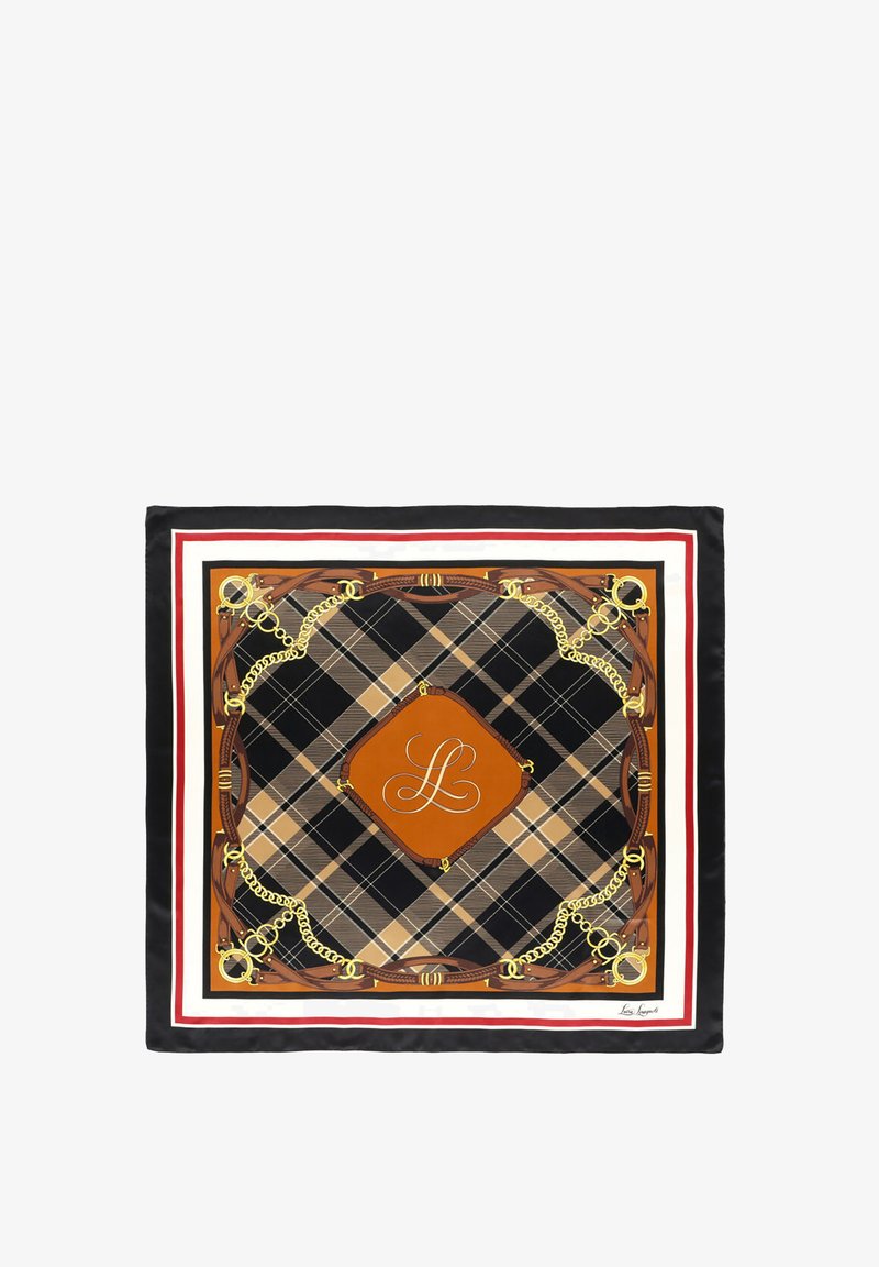 Svila šal s kariranim vzorcem v bež in črni barvi, obrobljen z rdečo in belo, z oranžnim diamantnim detajlom in zlatimi verižnimi poudarki.