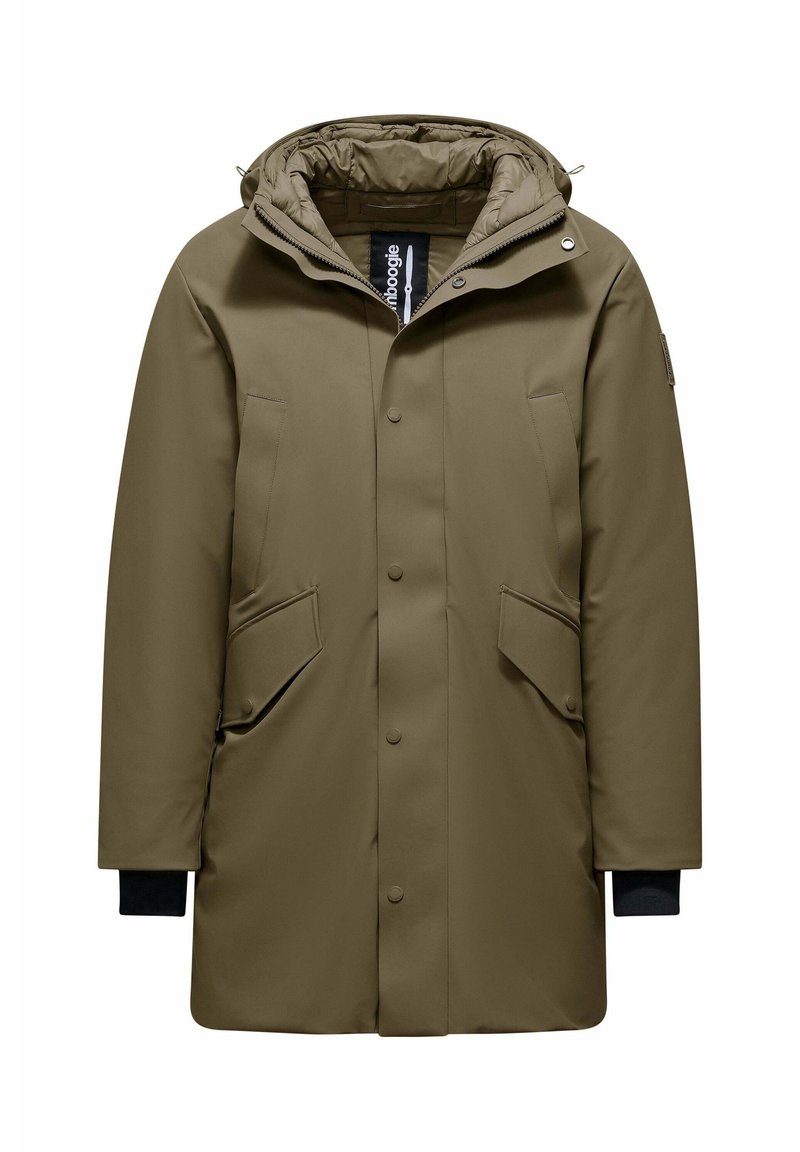 Olivengroene parka met een ritskap, drukknoopsluiting, twee voorzakken en geribbelde manchetten. Glad stoffen textuur met een gestructureerd ontwerp.