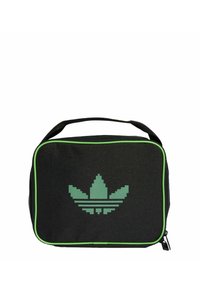 Borsa di tessuto nera con bordature verdi e logo verde pixelato. Dotata di una comoda maniglia e chiusura con cerniera per un facile accesso.