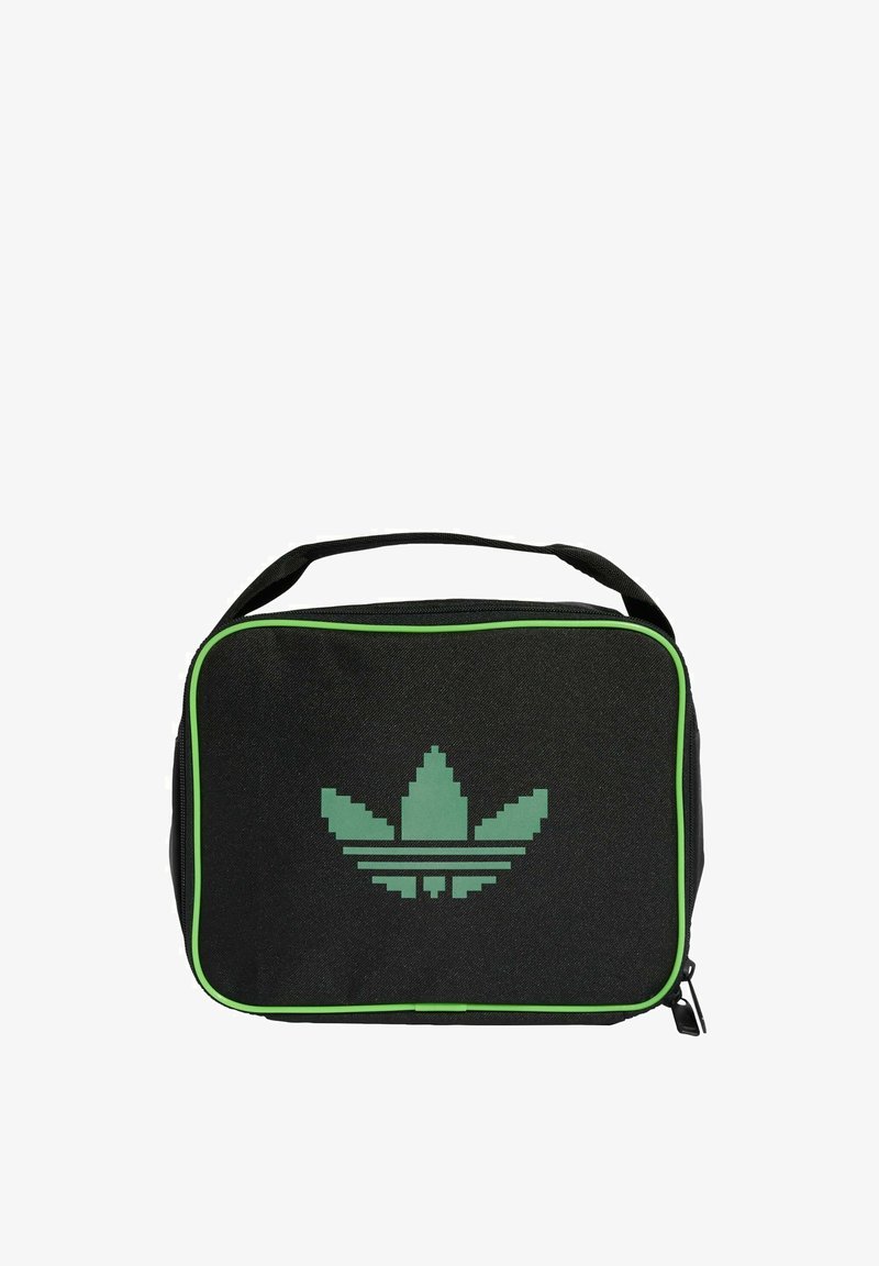 Borsa di tessuto nera con bordature verdi e logo verde pixelato. Dotata di una comoda maniglia e chiusura con cerniera per un facile accesso.