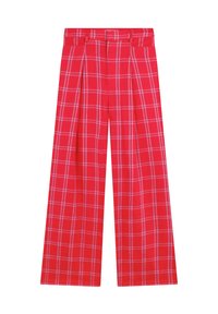 Red plaid trousers with a wide-leg cut, featuring pleats and a waistband. The fabric has a smooth texture with contrasting white lines.