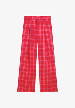 Red plaid trousers with a wide-leg cut, featuring pleats and a waistband. The fabric has a smooth texture with contrasting white lines.