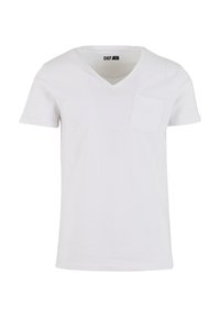 T-shirt in cotone bianco con scollatura a V. Presenta maniche corte e una piccola tasca frontale sul lato sinistro. Texture liscia.