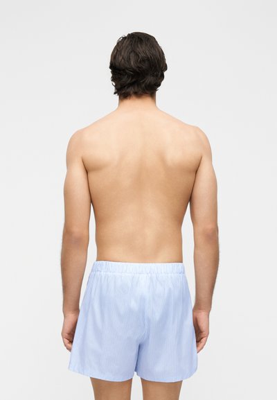 Γυμνασμένο άτομο με κοντά σκουρόχρωμα μαλλιά, εμφανιζόμενο από πίσω, φοράει ανοιχτό μπλε και λευκή ριγέ βερμούδα σε απλό λευκό φόντο.