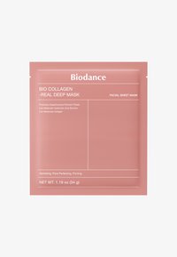 Maseczka głęboko nawilżająca Biodance Bio Collagen w różowym opakowaniu. Zawiera informacje o aktywnych składnikach, wadze netto oraz korzyściach płynących z produktu.
