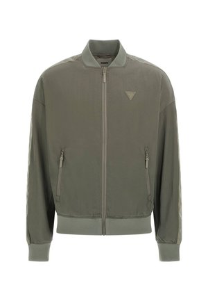 Olive green bomber jacket featuring a front zipper, two side pockets, ribbed cuffs, and logo on the chest with a smooth, lightweight texture.