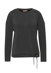 Czarny szary sweatshirt z długimi rękawami, szerokim dekoltem i ściągaczem u dołu. Wykonany z miękkiego materiału o gładkiej fakturze. Charakteryzuje się minimalistycznym designem.