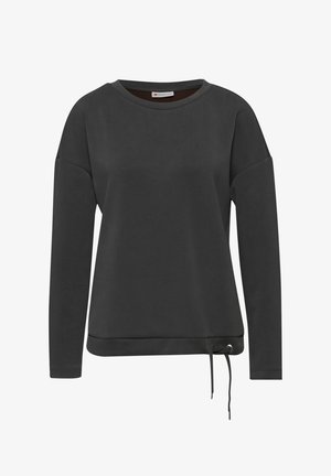 Sudadera gris oscuro con mangas largas, cuello amplio y dobladillo ajustable con cordón. Confeccionada en material suave con una textura lisa. Presenta un diseño minimalista.