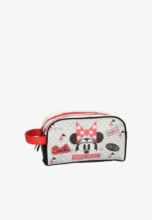 Neceser rectangular con temática de Minnie Mouse con asa roja, cremallera y cara impresa, lazo y texto que incluye "Smile," "Wow!" y "Beautiful."