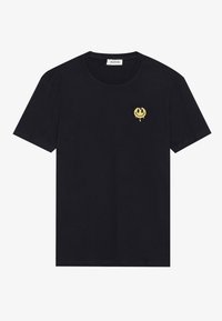T-shirt en coton noir à manches courtes. Présente un petit graphique d'un visage souriant jaune brodé sur le côté gauche de la poitrine.