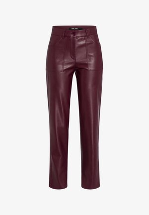 Maroon leather pants feature a fitted design with a mid-rise waist, front pockets, and a smooth texture.