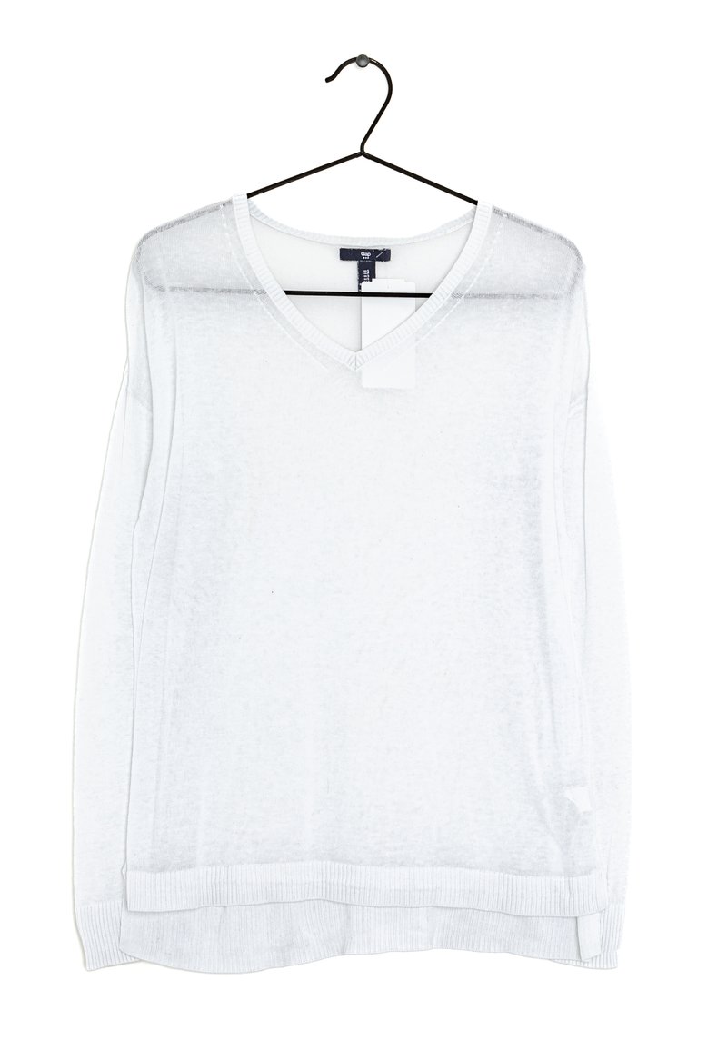 Maglione leggero bianco con scollo a V, polsini e orlo a coste. Tessuto leggermente trasparente e etichetta appesa.