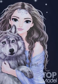L'illustrazione presenta una ragazza con lunghi capelli castani e mossi, che indossa un vestito azzurro chiaro, mentre abbraccia un lupo grigio con occhi blu, su uno sfondo scuro.