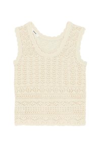 Débardeur en tricot crème avec des bords festonnés et un motif texturé comportant des motifs ressemblant à de la dentelle. Léger et sans manches.