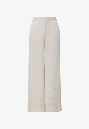 Beige wijde broek, gestructureerde stof, elastische tailleband, twee zijzakken en een losse pasvorm, geschikt voor casual of relaxte kleding.