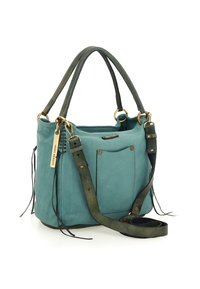 Borsa in pelle color teal con manici verde scuro e tracolla regolabile, accessori in oro e tasca a patta frontale.