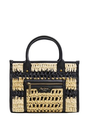 Sac à main tissé noir et beige avec deux poignées noires, poche avant zippée, et une petite plaque logo dorée.