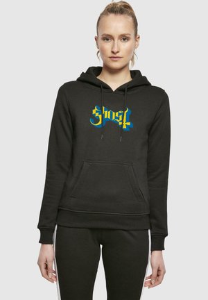 Schwarzer Kapuzenpullover mit einer Kängurutasche und blau-gelbem Grafiktext "Ghost" auf der Brust. Strukturiert, weicher Stoff mit gerippten Bündchen.