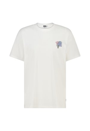 White short-sleeve t-shirt with a small graphic of pink and purple flowers on the left chest area.