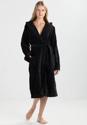 Black plush bathrobe with a hood, long sleeves, tie waist, and two front pockets. Soft texture and knee-length design.