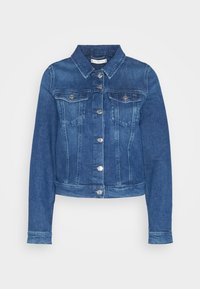 Giacca di jeans, blu, con colletto, chiusura frontale con bottoni e dettagli metallici, tasche sul petto, maniche lunghe e taglio corto.