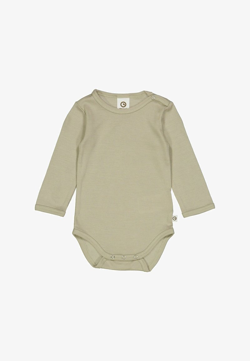 Body per neonati a maniche lunghe di un morbido cotone color beige chiaro. Presenta chiusure a scatto sulle spalle e sul fondo per facilitare il vestire.