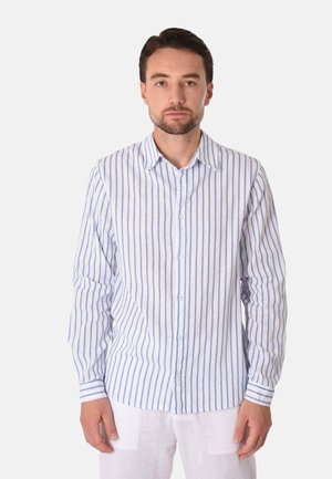 Uomo che indossa una camicia a maniche lunghe con bottoni e righe verticali blu e bianche, in piedi davanti a uno sfondo chiaro e uniforme.