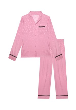 Rosa Pyjama-Set mit langen Ärmeln und Knöpfen, dezentem Herzmuster und schwarzen Spitzenbesätzen an den Bündchen, der Brusttasche und den Hosenabschlüssen.