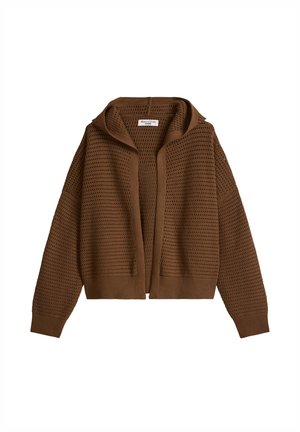 Brązowy otwarty sweter na drutach z fakturowanym wzorem, długimi rękawami, ściągaczami na mankietach i dole oraz kołnierzem z zakładką.