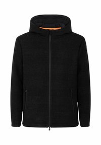 Giacca nera in lana con una discreta fantasia a quadri, chiusura con zip, due tasche con zip e cappuccio attaccato con rivestimento arancione a contrasto.