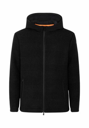 Giacca nera in lana con una discreta fantasia a quadri, chiusura con zip, due tasche con zip e cappuccio attaccato con rivestimento arancione a contrasto.