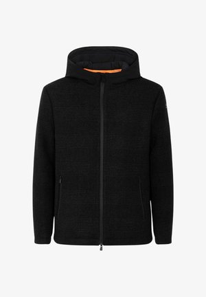 Giacca nera in lana con una discreta fantasia a quadri, chiusura con zip, due tasche con zip e cappuccio attaccato con rivestimento arancione a contrasto.