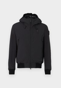 Veste à capuche noire avec fermeture éclair sur le devant, poches latérales, poignets côtelés et ourlet inférieur. Extérieur lisse et intérieur isolé.