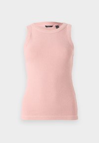 Ärmelloses, hellrosa Strick-Top mit einem strukturierten Muster, rundem Ausschnitt und gerippten Kanten. Schlichtes und tailliertes Design.