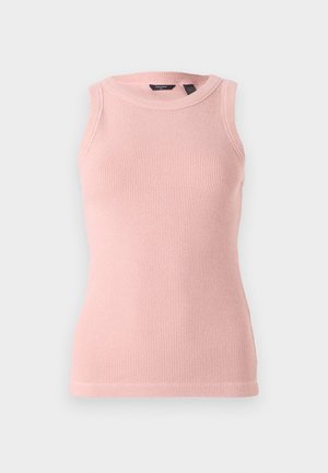 Ermeløs lys rosa strikket tanktop med strukturmønster, rund halslinning og ribbestrikkede kanter. Enkel og tettsittende design.