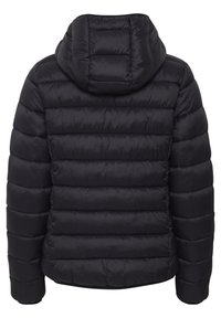 Doudoune noire avec capuche, présentant un design matelassé, des coutures horizontales et une texture lisse et brillante. Aucun élément en métal visible.