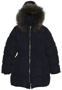 Chaqueta acolchada navy con capucha con borde de piel sintética, cierre de cremallera, cintura elástica y bolsillos laterales. Tejido suave y brillante con textura acolchada.