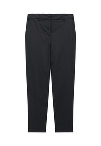 Zwarte broek van zacht materiaal, met een slim fit, flat front en een standaard tailleband met riemlussen. Geen zichtbare patronen of accenten.