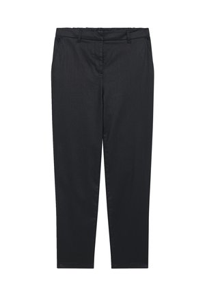 Pantaloni neri realizzati in tessuto morbido, con una vestibilità slim, fronte piatto e vita standard con passanti per cintura. Nessun motivo o accento visibile.