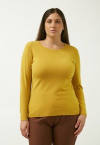 Maglione a maniche lunghe color giallo senape con scollatura tonda e bordo a coste, realizzato in un materiale morbido con una texture liscia.