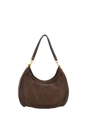 Borsa a tracolla in pelle marrone con forma curva, singola tracolla e dettagli in metallo dorato. Texture liscia con sottili cuciture di rifinitura.