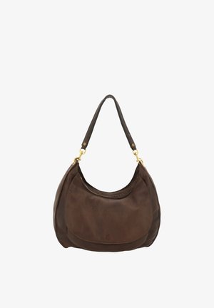 Borsa a tracolla in pelle marrone con forma curva, singola tracolla e dettagli in metallo dorato. Texture liscia con sottili cuciture di rifinitura.