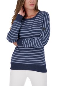 Blue striped sweatshirt made of cotton blend, featuring long sleeves, round neckline, and a ribbed waistband. Includes a logo patch on the sleeve.