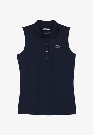 Polo sans manches bleu marine avec col, patte de boutonnage à quatre boutons et un petit logo de crocodile vert brodé sur le côté gauche de la poitrine.